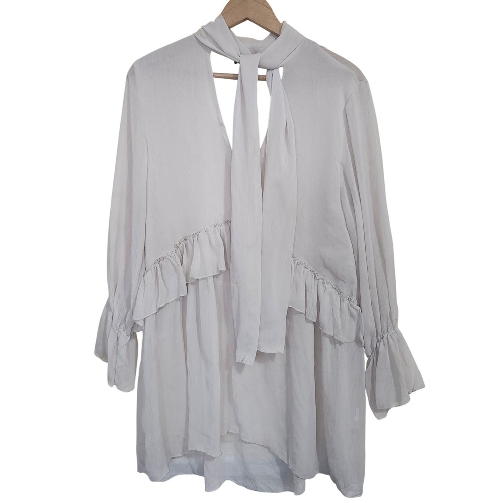 Zara Blouse Womens Large White Tie Neck Ruffle Peplum Long Sleeve